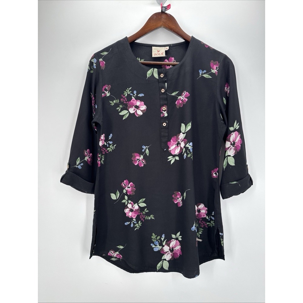 Zola Womens XL Black Floral Blouse Pink Flowers 3/4 Sleeve Button Front Boho
